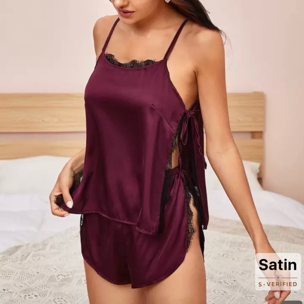 SHEIN Satin Burgundy Pajama Set with Lace Trim